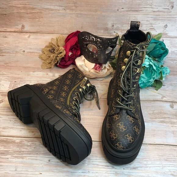 Guess Black/Gold Ferina Combat Lace up Boots - Picture 1 of 8